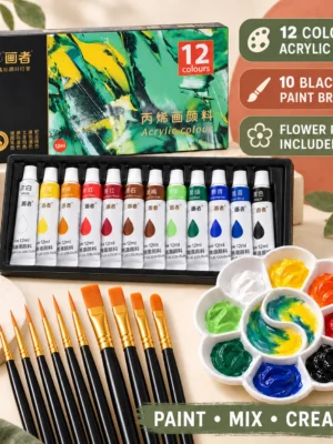Acrylic Paint Set with Brushes & Palette (12 Colours)